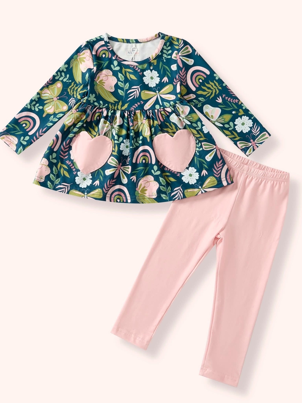 Girls Floral Heart Pocket Top & Pink Leggings Matching Set